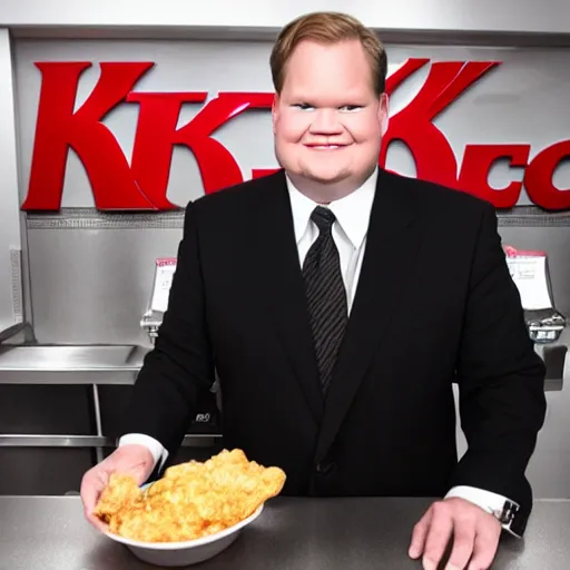 Prompt: Andy Richter wearing a black suit and necktie standing at the cashier counter at KFC, a bucket of KFC chicken is on the counter