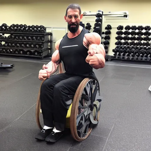 Image similar to pablo echenique robba as a bodybuilder in a gym lifting weights sitting in his wheelchair