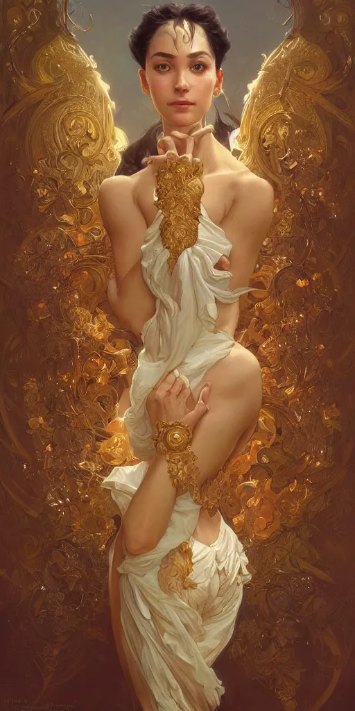 Prompt: portrait of a dream, ethereal, expressive pose, acrobatic, golden eyes, ornate frilly dress, fantasy, intricate, elegant, highly detailed, digital painting, artstation, concept art, smooth, sharp focus, illustration, art by artgerm and greg rutkowski and alphonse mucha