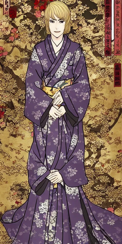 Prompt: cersei lannister japanese ukyo style, she is wearing a kimono, rice paper