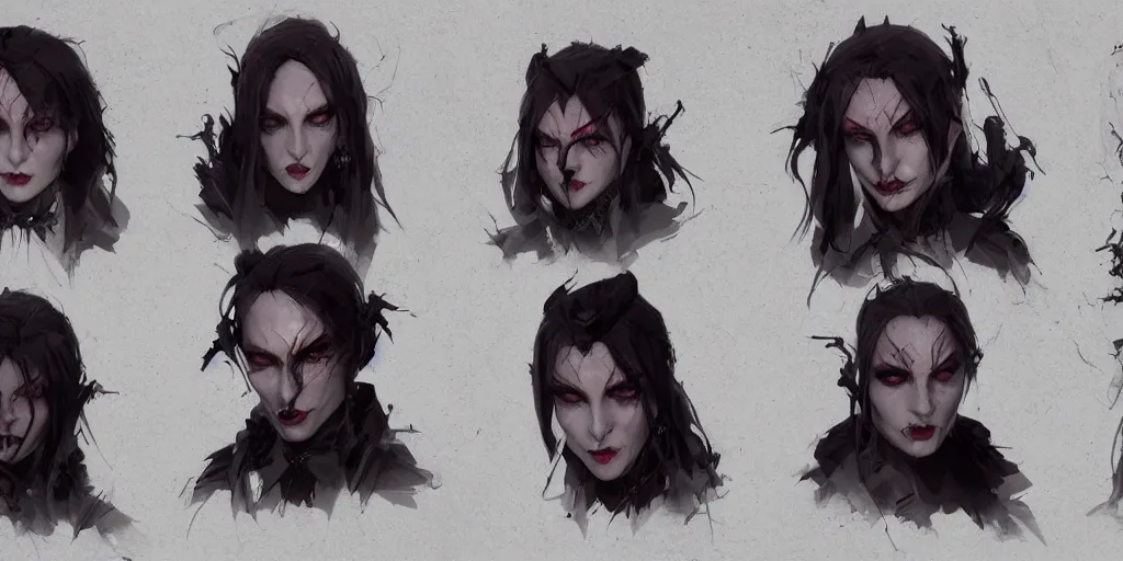 Image similar to gothic vampire character face designs, Greg Rutkowski, character sheet, kim jung gi, Darek Zabrocki, Karlkka, Jayison Devadas, Phuoc Quan, trending on Artstation, 8K, ultra wide angle, pincushion lens effect