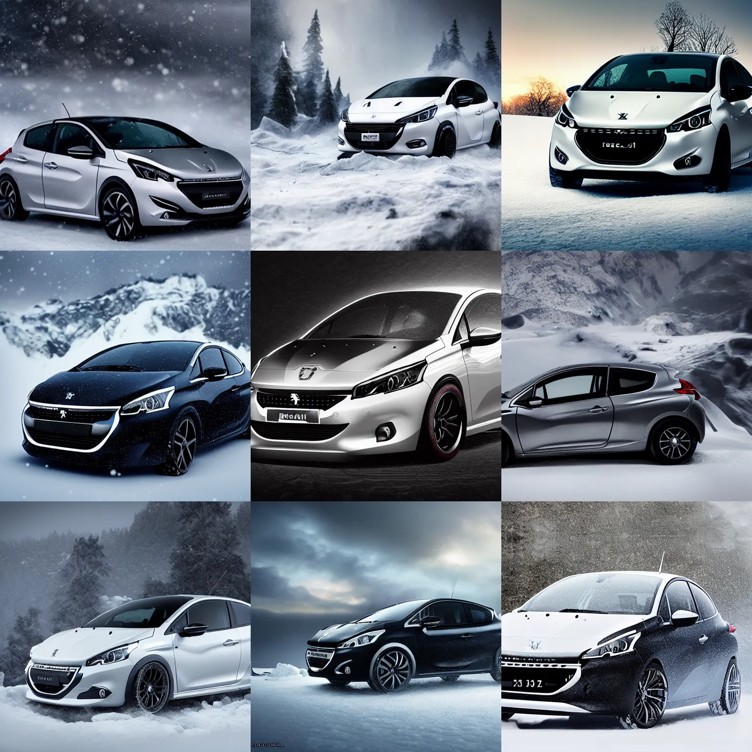 Prompt: pearl black peugeot 2 0 8 snow mountain, photo product, epic, cinematic, artstation, technical