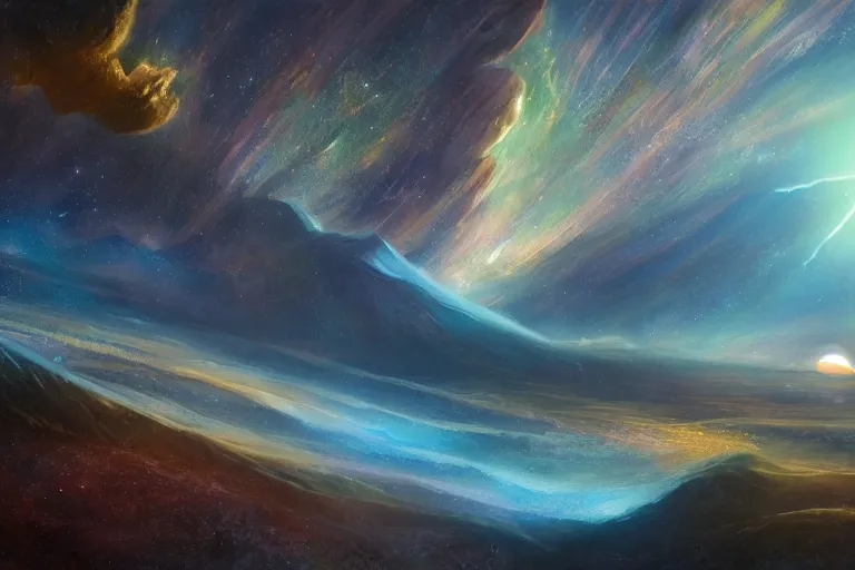 Prompt: the vast landscape of a alien planet in the HD1 galaxy, well lit, digital art, virtuosic painting, award winning, high quality, visual, sharp, backlit, gorgeous lighting