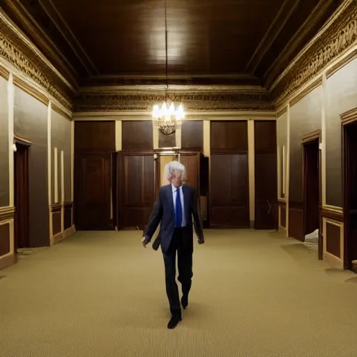 Image similar to Jerome Powell lost in the backrooms, old moist carpet, mono-yellow, fluorescent lights, randomly segmented rooms, eerie