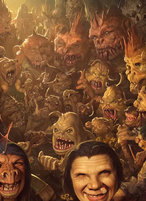 Prompt: highly detailed closeup group portrait of medieval goblins having a party, stephen bliss, unreal engine, greg rutkowski, ilya kuvshinov, ross draws, hyung tae and frank frazetta, tom bagshaw, tom whalen, nicoletta ceccoli, mark ryden, earl norem, global illumination, god rays, detailed and intricate environment