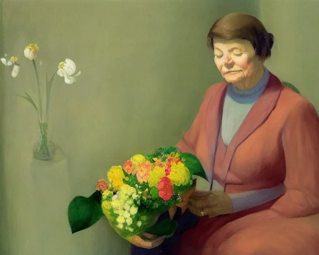 Image similar to detailed portrait of a peaceful old lady and her cat made out of flowers, Edward Hopper, sharp high quality