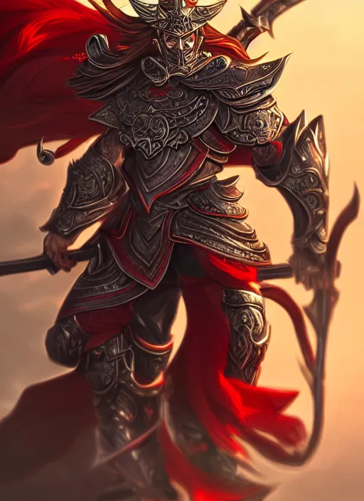 Prompt: a highly detailed illustration of lu bu, heroic furious standing pose, intricate, elegant, highly detailed, centered, digital painting, artstation, concept art, smooth, sharp focus, league of legends concept art, wlop.
