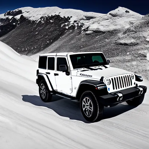 Image similar to white jeep wrangler driving up steep snowy mountain on edge of a cornice, high quality digital art, dramatic lighting, cinematic