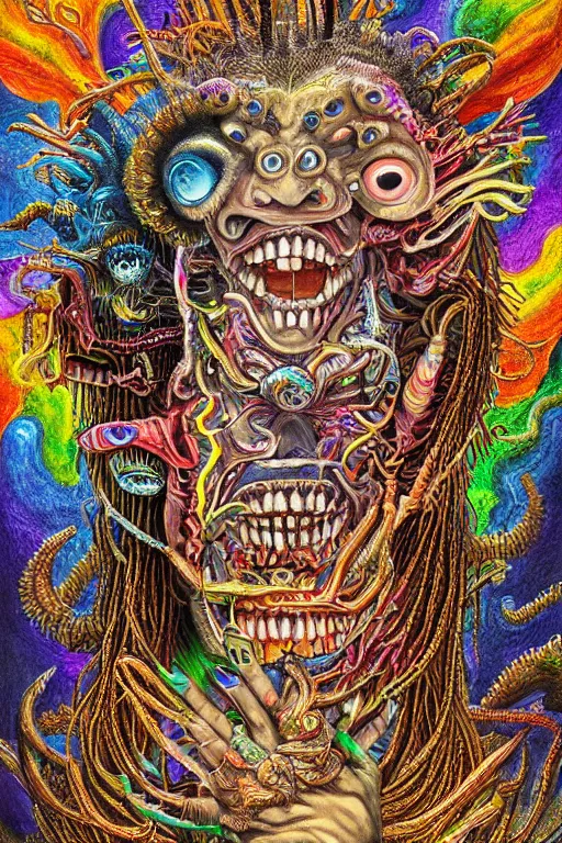 Image similar to a high detailed hyper detailed painting of a spiritual monster with dreadlocks and several eyes, pointy teeth and colorful skin with scales and strange textures, surreal psychedelic cosmic horror