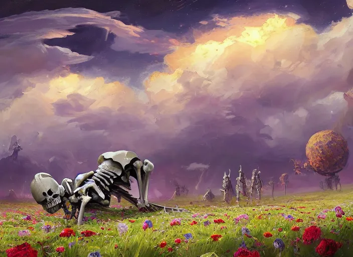 Image similar to a knight's skeleton killed long ago lays in a vast flower field in the cosmic sky by vladimir volegov and alexander averin and peder mørk mønsted and adrian smith and raphael lacoste