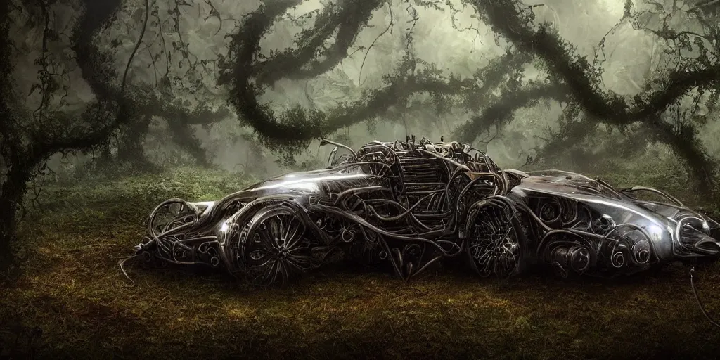 Prompt: magnificent mechanical steampunk vehicle shaped like a sports car with (((glowing))) lights abandoned in lush forest with vines hanging from tree branches, fog, desaturated, beautiful, creepy ambiance, 4k, sharp focus, highly detailed, artgerm, giger