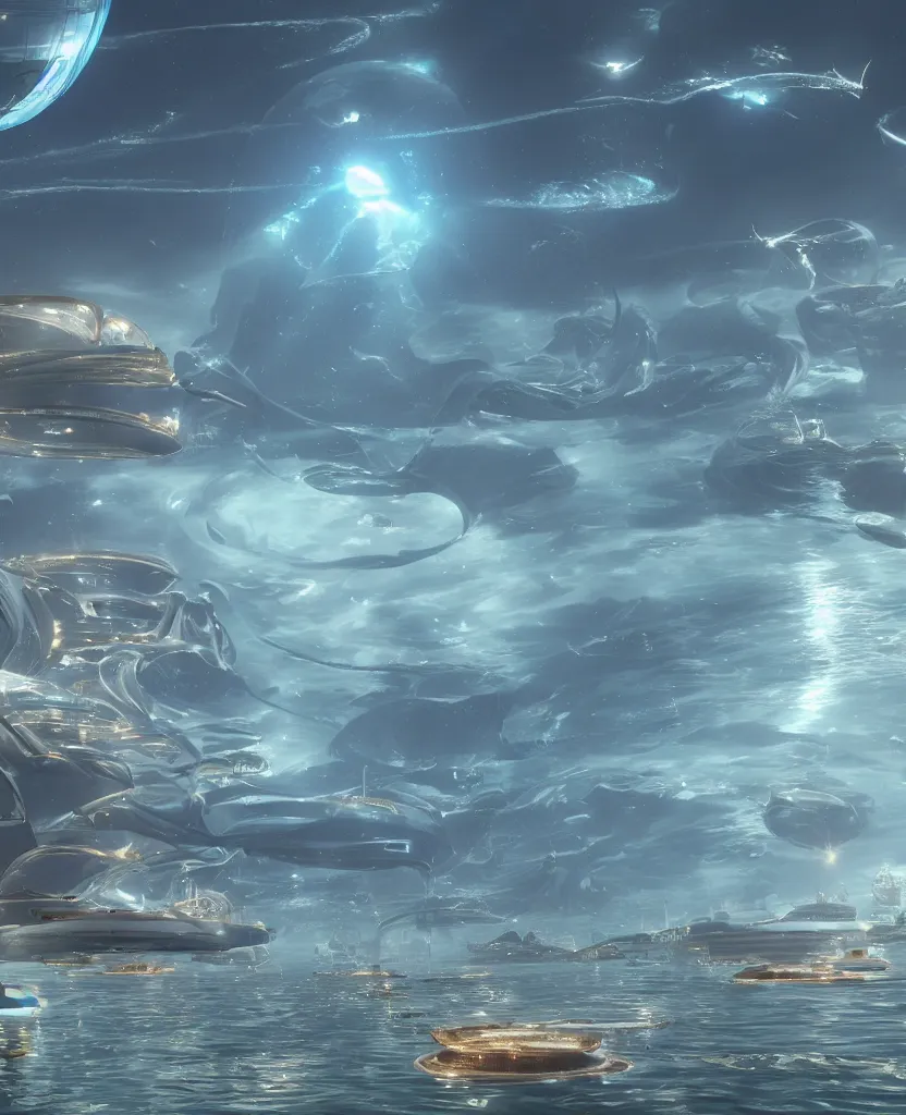 Image similar to crescent shaped pelagic city floating on the water, fusion of subnautica and star trek, aquaculture farms in the water around, boats of different sizes, in the style of john eaves ron walotsky ralph mcquarrie, soft natural volumetric lighting, realistic 4 k unreal engine 5 beautifully detailed render, 4 k post processing, trending on artstation