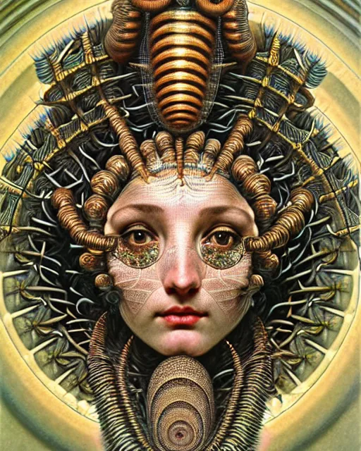 Prompt: hyperrealistic detailed face portrait of the beautiful goddess of the giant isopods with an intricate golden ornamental geometrical fractal giant isopod masked headdress, art by ernst haeckel, john william godward, android jones, alphonso mucha, h. r. giger, gothic - cyberpunk, ornamental, dimmed pastel colours,