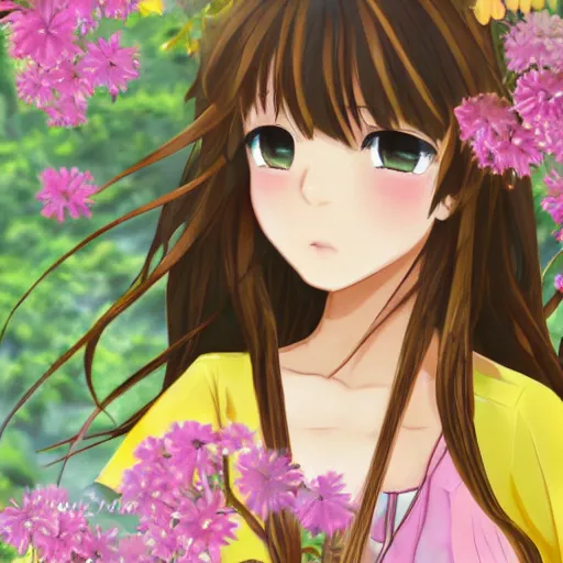 Image similar to colorful and cute young plus size hispanic anime girl with tan skin, brown long hair with bangs, wearing yellow floral dress in a forest. close up, pastel colors, ambient lighting, soft lighting, 4 k, atmospheric lighting, painted, intricate, highly detailed by natsuki takaya