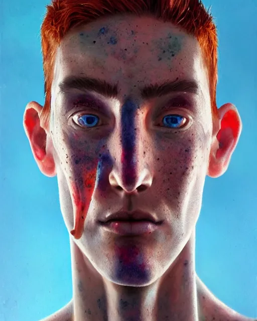 Image similar to a striking hyper real portrait painting of tall, thin, 1 5 - year - old boy with a long nose, a lot of freckles, fiery red hair, and bright blue eyes, 4 k, 8 k, apex legends concept art, d & d concept art, unreal 5, daz, hyperrealistic, octane render, cosplay, rpg portrait, dynamic lighting