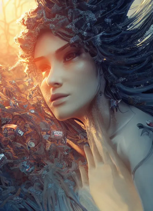 Prompt: sumptuous biomechanical incredible hair, crystalline masterpiece incrustations, hyperdetailed face, elegant pose, movie still, intricate, octane render, cinematic forest lighting, cgsociety, unreal engine, crepuscular rays, god rays