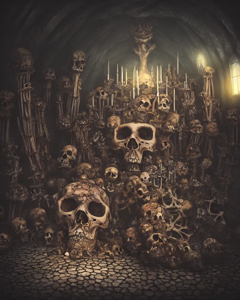 Prompt: full color, low wide shot of sedlec ossuary, bones, anime style mixed with fujifilm, dark, foggy, atmospheric, artstation, cgsociety, octane render, cgi, unreal engine 5, denoise, detailed, cinematic masterpiece