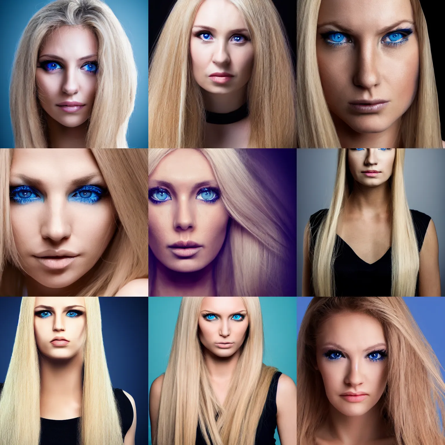 Prompt: portrait of a woman, symmetric, blond long hair, blue eyes, neutral, photo, 4 k, black background, soft frontal light, nordic, normal eye spacing