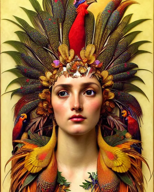 Image similar to hyperrealistic detailed face portrait of the beautiful goddess of the golden pheasants with an intricate headgear of golden pheasant, red berries, leaves, field flowers, pears, apples, art by ernst haeckel, john william godward, android jones, alphonso mucha, h. r. giger, gothic - cyberpunk, ornamental, beautiful deep colours,