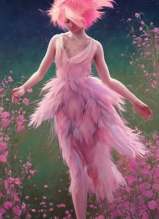 Prompt: beautiful little girl with an pink eccentric haircut wearing an dress made of feathers dancing on stage, artwork made by ilya kuvshinov, inspired in donato giancola, hd, ultra realistic, reflection, flowers, light, realistic face, bird, trending on pixiv, 8 k