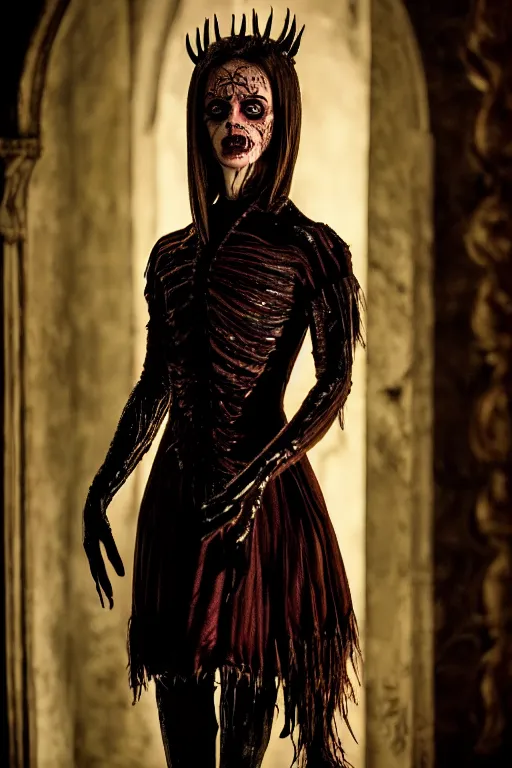 Image similar to dressed emma watson, a sinister demonic queen of cenobites, symmetrical, cinematic, elegant, demonic atmosphere, professional studio light, real dlsr photography, sharp focus, costume made by clive barker, real rotten flesh, blood and bones, 4 k, ultra hd, sense of awe