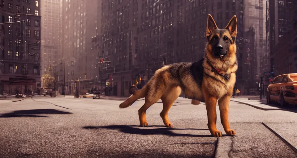 Image similar to the german shepherd of I am legend in new york, octane render, unreal engine, sundown, empty streets