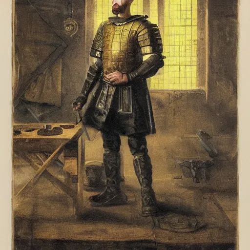 Image similar to Portrait of frustrated and acerbic male medieval sergeant with a short beard wearing a {black and yellow tabard} over a steel breastplate and a black gambeson looking at a war map on a table, by Greg Rutkowski, {perfect face}, {perfect eyes}, fantasy