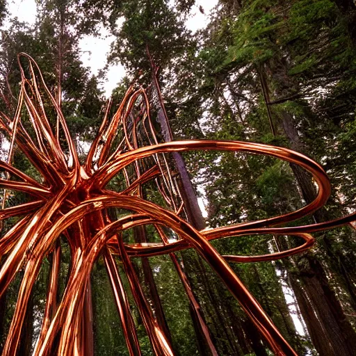 Prompt: polished copper treehouse strange attractor sculptures and geometric shadows, tall redwood forest, twilight, by robert maguire, charles o. perry, zack snyder, featured on deviantart, intricate, excited, wide - angle, kodak ektar