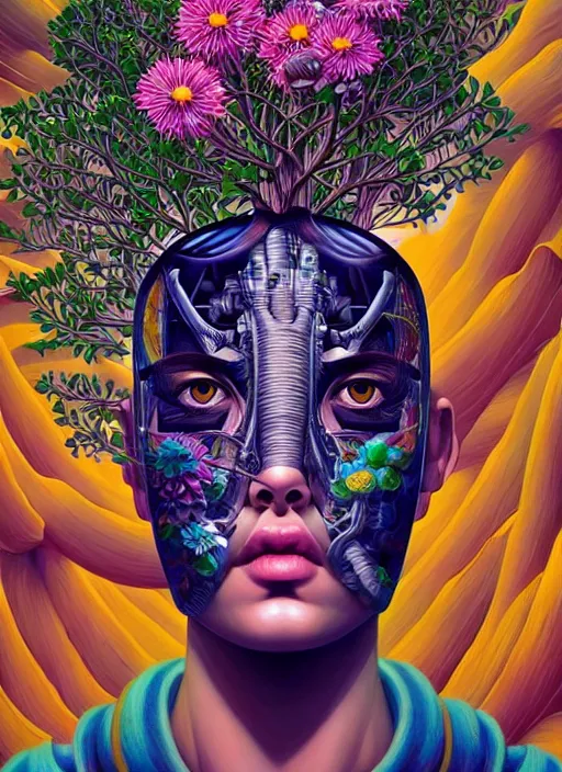 Image similar to gigantic cyborg head, a lot of exotic vegetation, trees, flowers by junji ito, tristan eaton, victo ngai, artgerm, rhads, ross draws, hyperrealism, intricate detailed