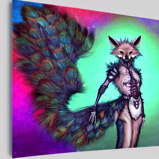 Prompt: photorealistic painting of a skeletal fox character, long fluffy fur, mage clothes inspired by a peacock, 9 brilliant peacock tails, painted by a master artist, sparkles, pink cloud background, vhs effect, dnd beyond, fae, neon, photo realistic, renaissance, trending on art station