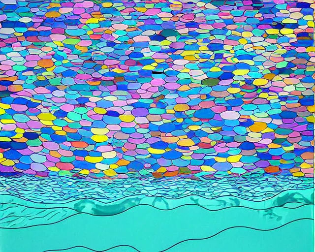 Image similar to Ocean waves in a psychedelic dream world. David Hockney. Takashi Murakami. Minimalist.