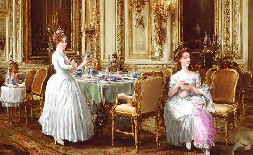 Prompt: Young victorian princess drinking tea on the royal palace dining room. By Konstantin Razumov, highly detailded