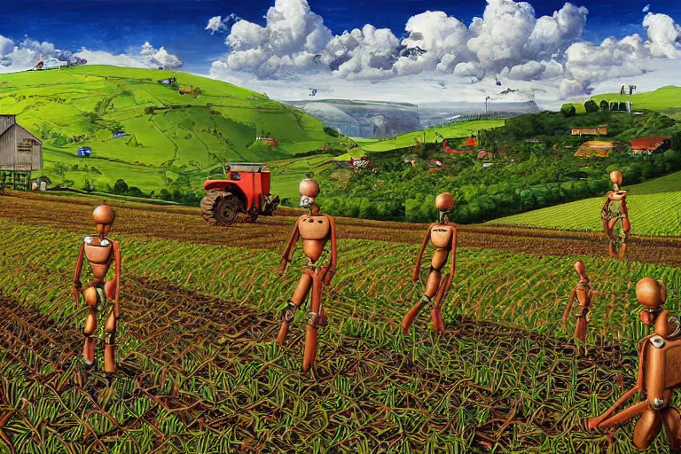 Prompt: digital artwork of robots farming on a hillside overlooking a creek, by peter alexander hay peter bagge peter basch peter benjamin graham peter birmann peter blume peter brandes peter brook peter churcher peter doig peter elson peter fiore peter gric peter helck