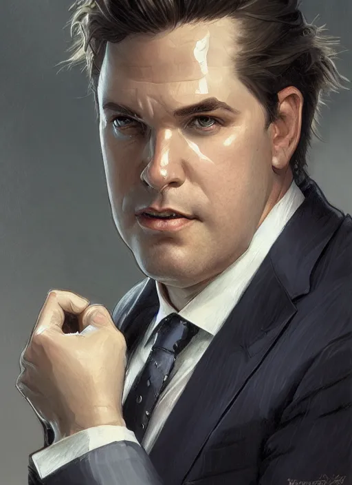Image similar to portrait of a clean - shaven chubby chubby chubby white man in a suit and tie, office setting, d & d, detailed, digital art, artstation, smooth, sharp focus, art by artgerm, greg rutkowski, alphonse mucha