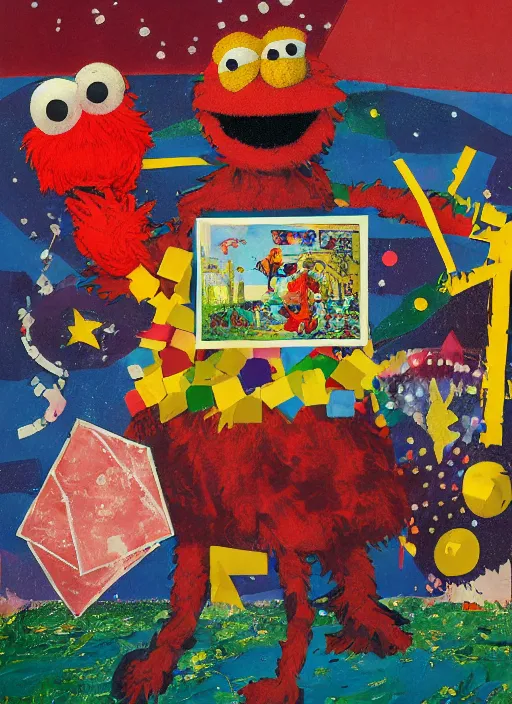 Image similar to expressionistic decollage painting, trash can tarot card fool with sesame street elmo and kermit muppet knight on a horse in a dark red cloudy night sky with golden foil jewish stars, mountain lake and blossoming field in background painted by adrian ghenie, francis bacon, daniel richter and hilma af klint, pixel art, buff painting, low effort graffiti, rich deep colors, ultra naive, children painting, 8k, extreme detail, masterpiece