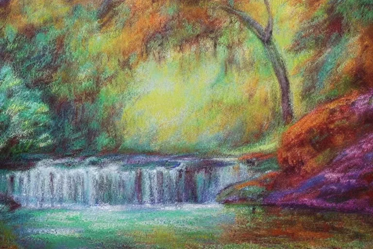 Image similar to beautiful landscape, waterfall, impressionist, masterpiece, pastel, muted