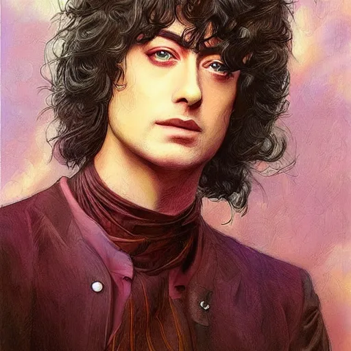 Image similar to amazing artgerm portrait of jimmy page in his 2 0 s as a preraphaelite painting, collaboration with j. scott campbell and artgerm with edward burn jones