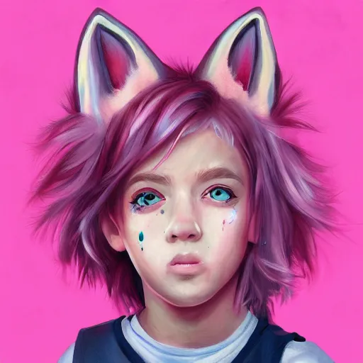 Image similar to a painting of a cute boy with pink hair and pink wolf ears, artstation, artistic, highly detailed