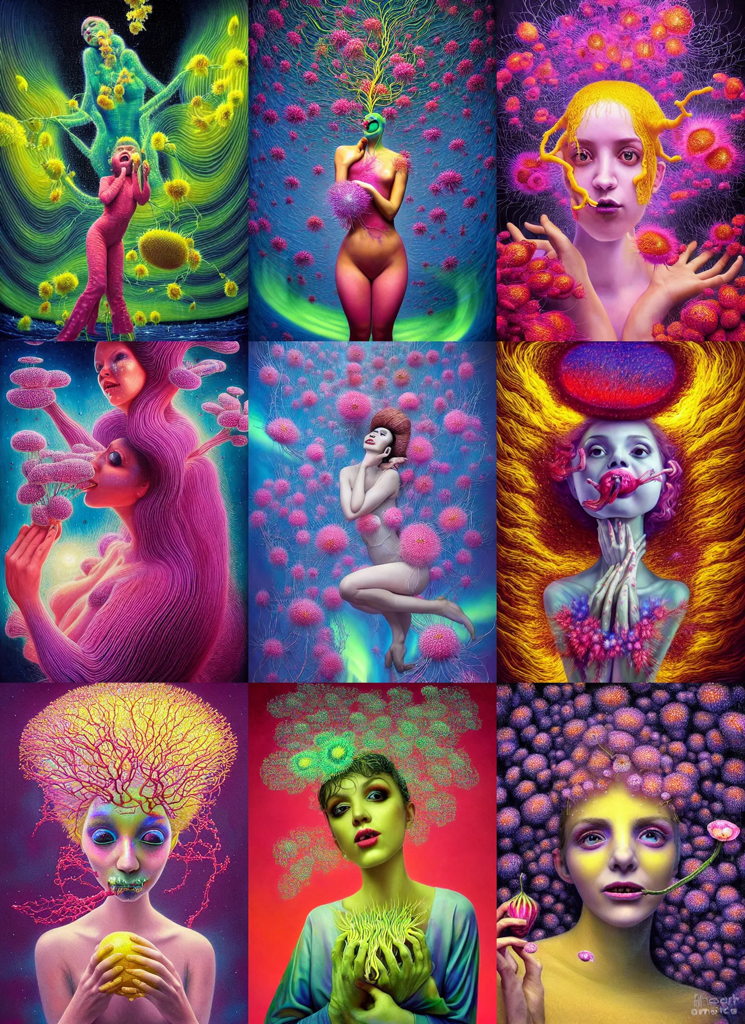 Prompt: hyper detailed 3d render like a chiariscuro Oil painting - Aurora (Singer) looking adorable and seen in dynamic pose joyfully Eating of the Strangling network of yellowcake aerochrome and milky Fruit and Her delicate Hands hold of gossamer polyp blossoms bring iridescent fungal flowers whose spores black the foolish stars to her smirking mouth by Jacek Yerka, Mariusz Lewandowski, Houdini algorithmic generative render, Abstract brush strokes, Masterpiece, Edward Hopper and James Gilleard, Zdzislaw Beksinski, Mark Ryden, Wolfgang Lettl, hints of Yayoi Kasuma, octane render, 8k