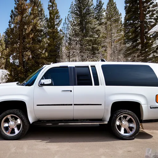 Prompt: white 2001 Chevrolet suburban, car photography, taken in big bear lake California