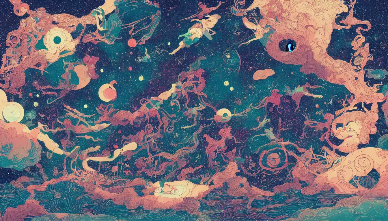 Prompt: painting of a cosmic playground the birth of stars and dreams by victo ngai, josan gonzalez, kilian eng