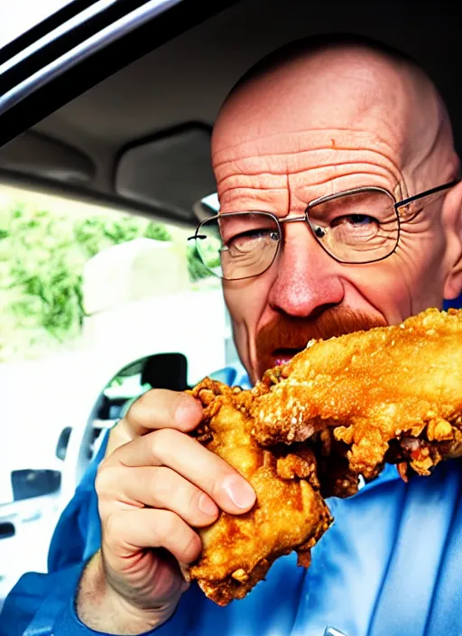 Image similar to cellphone pov photo of walter white eating fried chicken in his car, mukbang, dripping juices, biting teeth