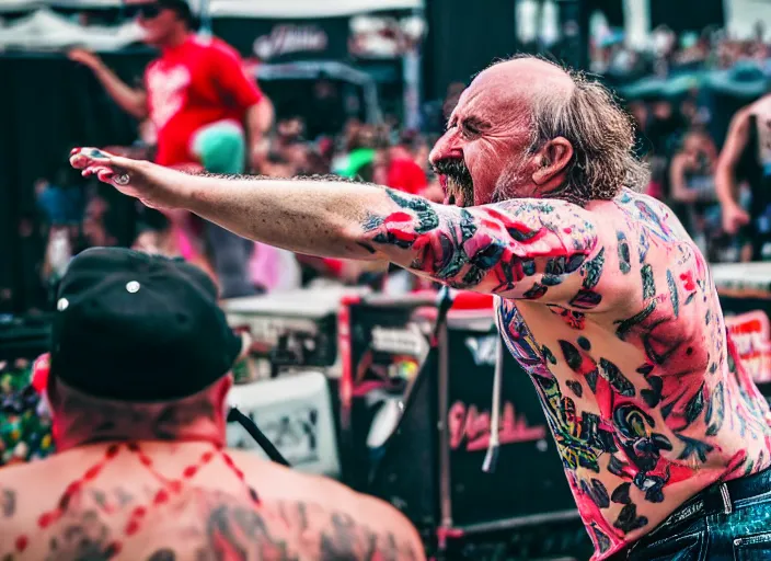 Image similar to photo still of gallagher at vans warped tour!!!!!!!! at age 5 5 years old 5 5 years of age!!!!!!! throwing watermelons at a crowd, 8 k, 8 5 mm f 1. 8, studio lighting, rim light, right side key light