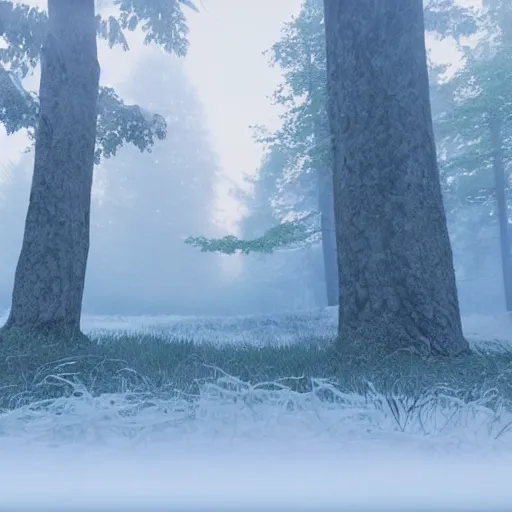 Image similar to still shot of a forest covered with winter fog, highly detailed, photorealistic portrait, bright studio setting, studio lighting, crisp quality and light reflections, unreal engine 5 quality render