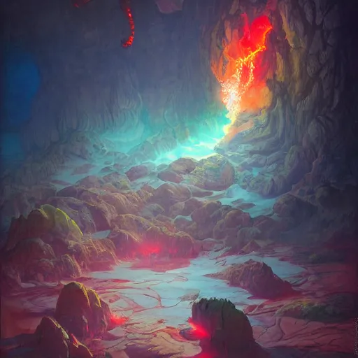 Prompt: Lava flows coagulating in to colourful new worlds, on dark paper, ink dropped in water, by peter mohrbacher, tarmo juhola, ivan laliashvili, james gurney, moebius, roger dean