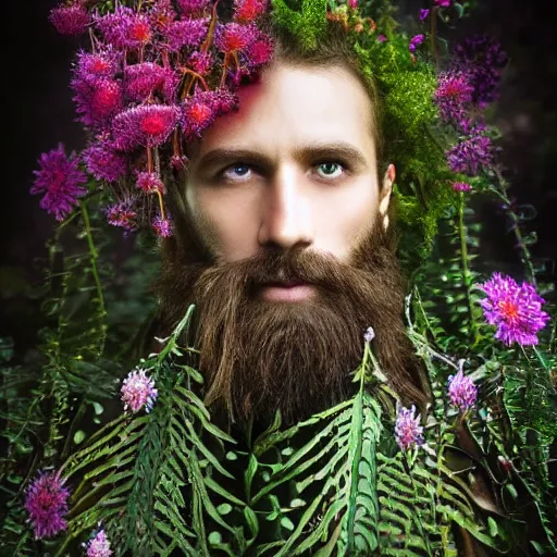 Image similar to a male knight with beard, stern face, clear eyes, shining armour made of steel, and fractal flowery hair in a fractal garden, glowing delicate flower, berries and ferns that grow in a dark fantasy forest, full frame,