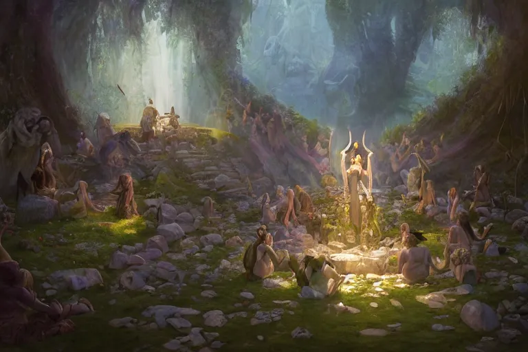 Prompt: the muses. a sacred stone circle, rivendell, the garden of eden, sacred singers they who took up the strings of the deep, and turned the cacophony of an angry world into songs of unity and peace. morning lighting hopeful, cinematic fantasy painting, dungeons and dragons, jessica rossier and brian froud