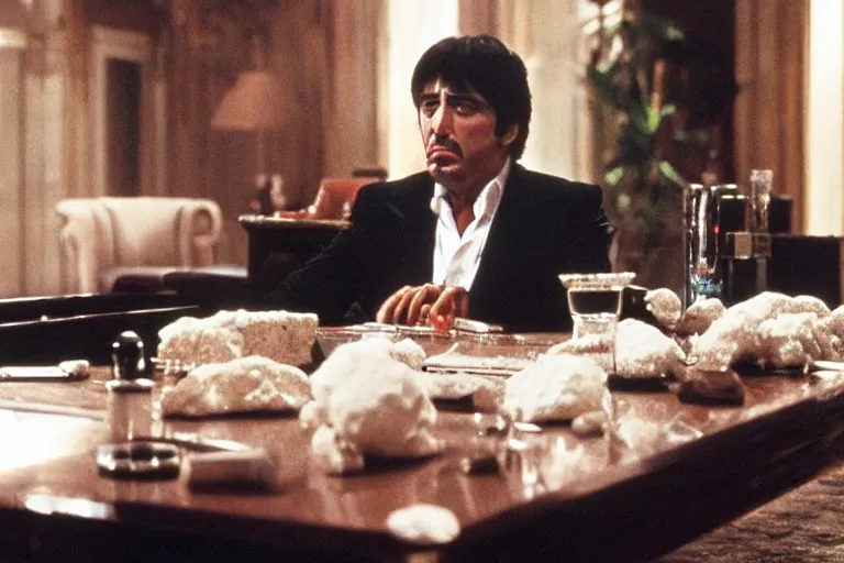 Image similar to tony montana from movie scarface 1 9 8 3 sitting behind a big black oak table with big large packages of flour. long shot. al pacino. perfect symmetric face, coherent eyes, fine details, 4 k, ron cobb, cinestill. last scene from scarface movie