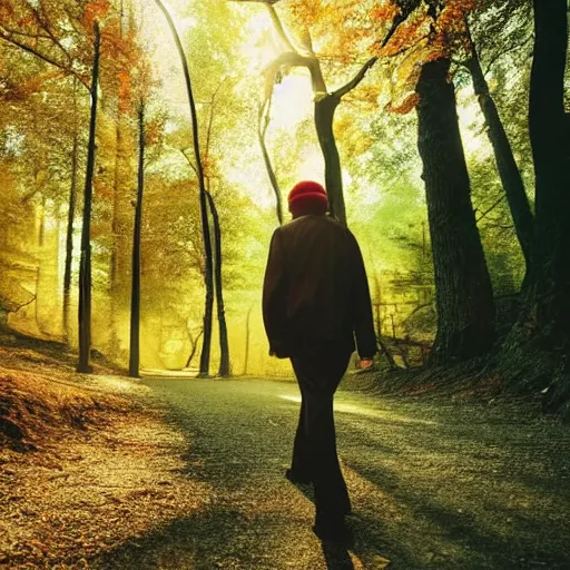 Image similar to 1 9 9 0 s candid 3 5 mm photo of a beautiful forest in tokyo, cinematic lighting, cinematic look, golden hour, the clouds are epic and colorful with cinematic rays of light, a man walks down the center of the forest with a beanie on, photographed by petra collins, uhd