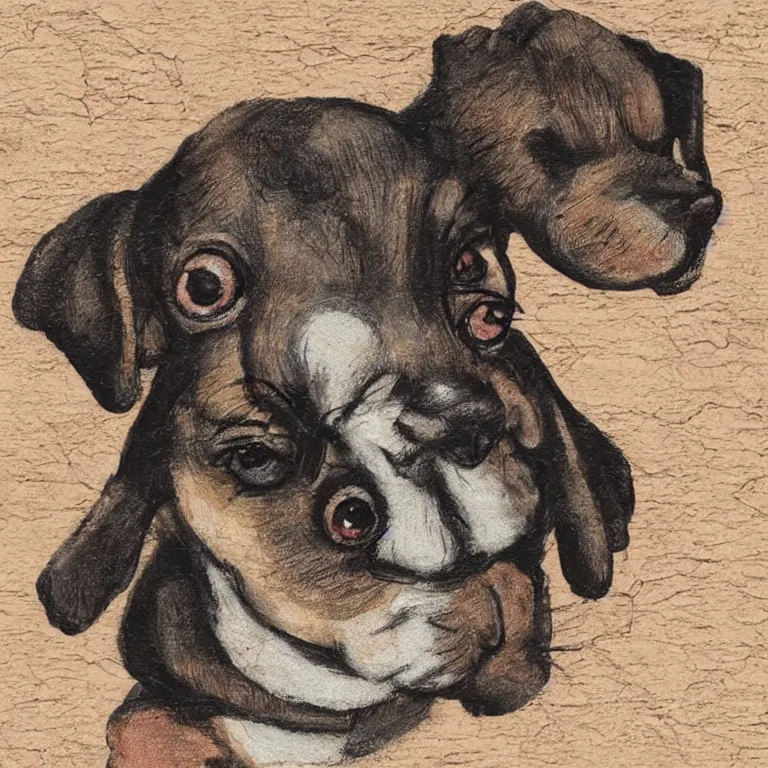Prompt: a cute retro puppy. alcohol ink on parchment, muted colors, detailed, textured parchment background, 1 9 5 0 s concept art